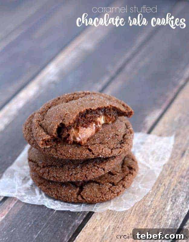 These caramel stuffed Rolo Cookies are simply divine. No one can resist the caramel filled cookies! #rolocookies #caramelfilledcookies #chocolaterolocookies #chocolatecaramelcookies - from creationsbykara.com caramel stuffed Rolo Cookies title photo