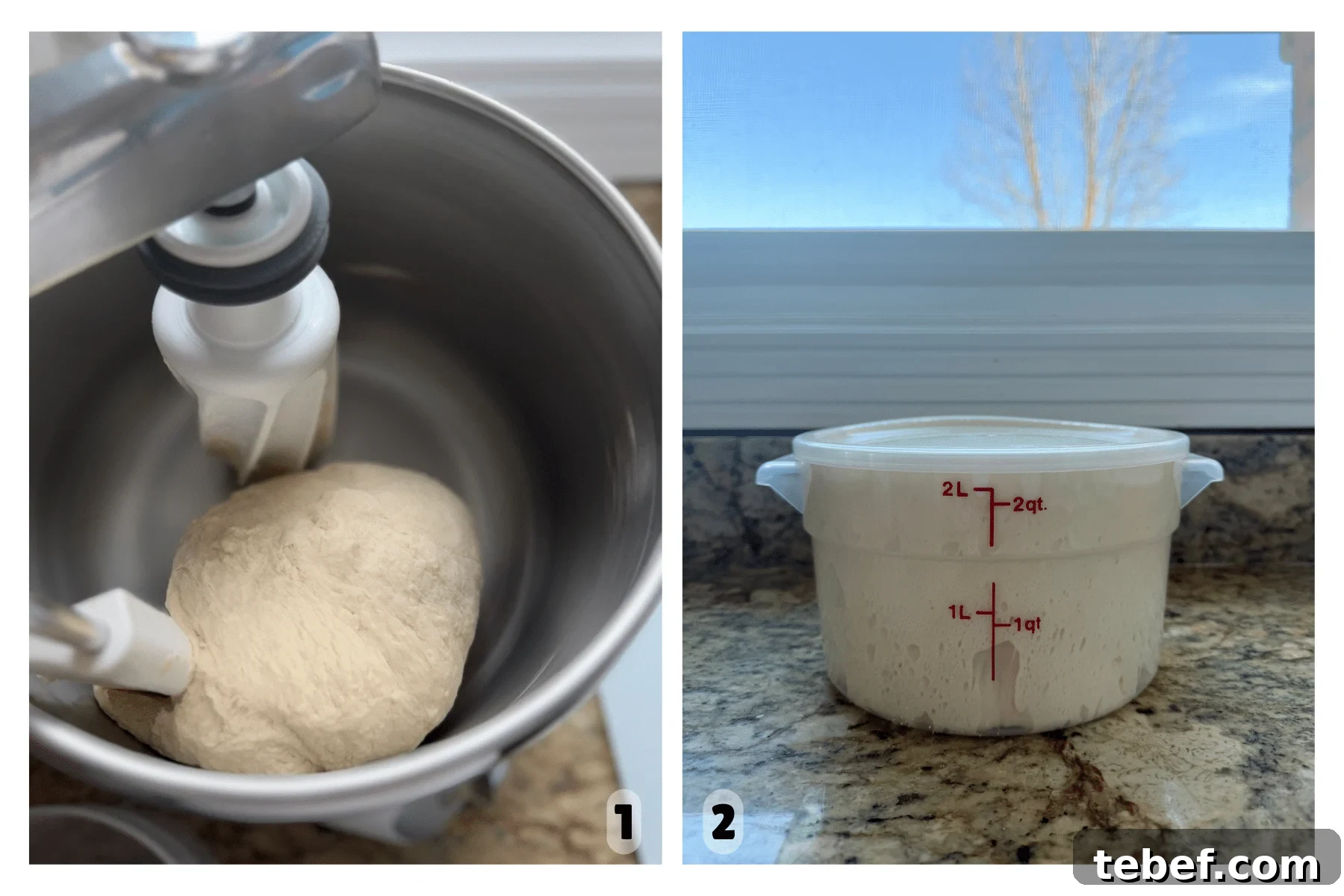 How to Bake Frozen Pizza for Crispy, Restaurant-Style Results 4 Two images show a mixer turning a ball of dough and the dough rising in a separate container.