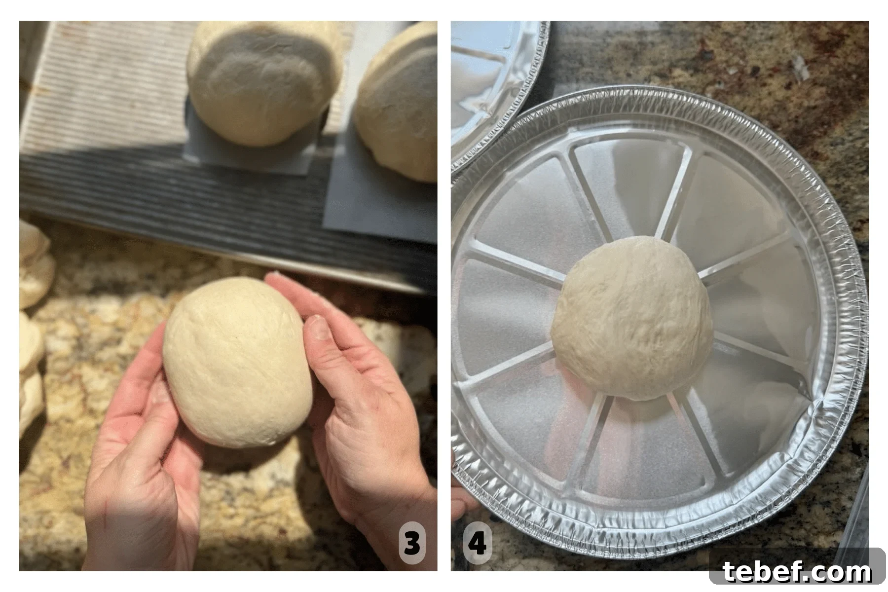 How to Bake Frozen Pizza for Crispy, Restaurant-Style Results 5 Two images show a hand shaping dough into a ball and a ball of dough sitting on a disposable pizza pan.