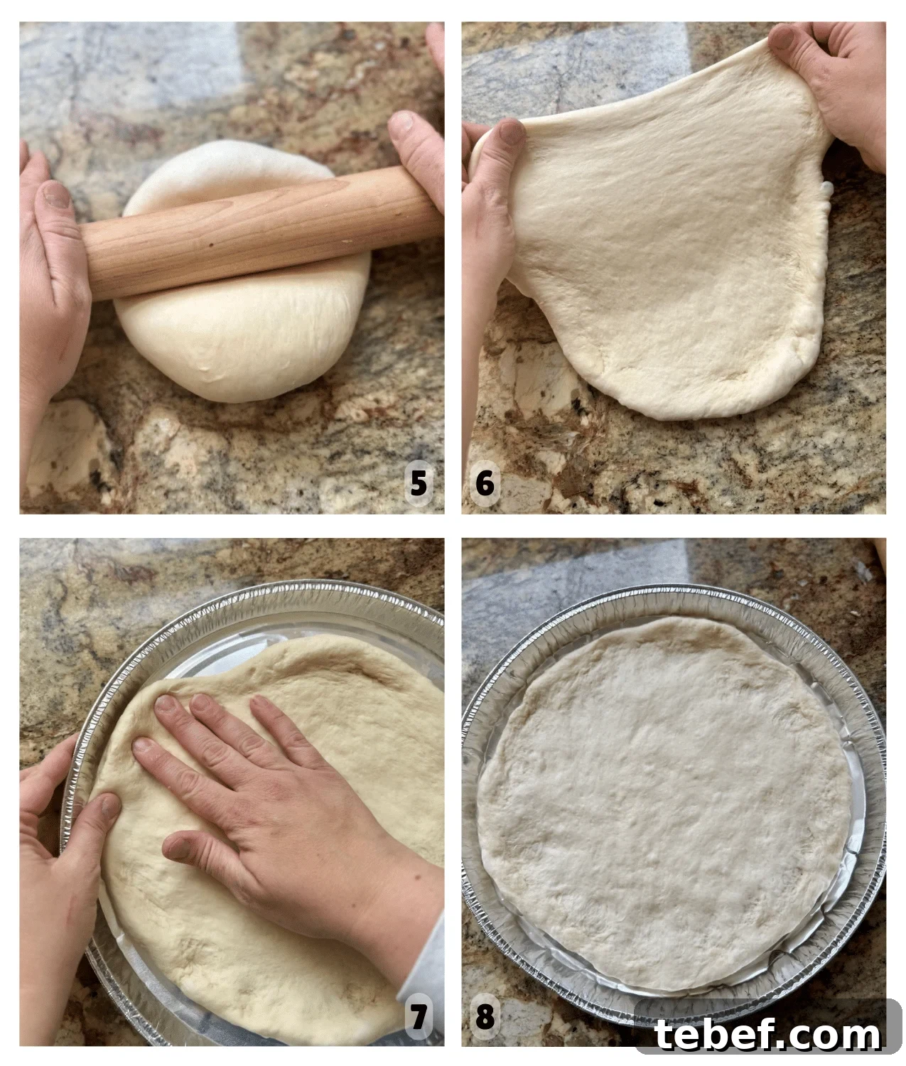 How to Bake Frozen Pizza for Crispy, Restaurant-Style Results 6 Hands roll, stretch, and shape pizza dough to fill a disposable pan.
