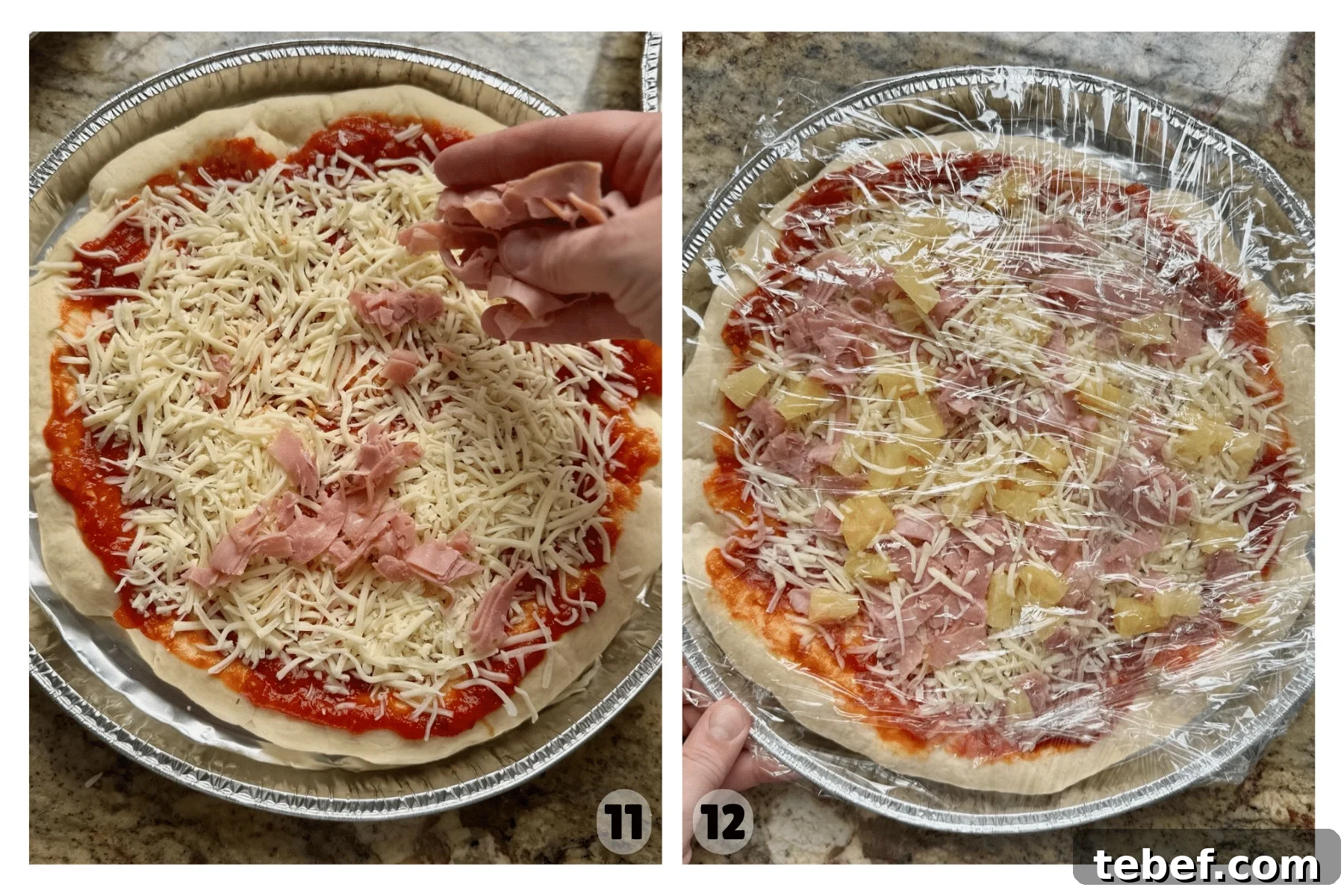 How to Bake Frozen Pizza for Crispy, Restaurant-Style Results 8 Two images show hands adding ham to the top of a pizza and the same pizza wrapped in saran wrap.