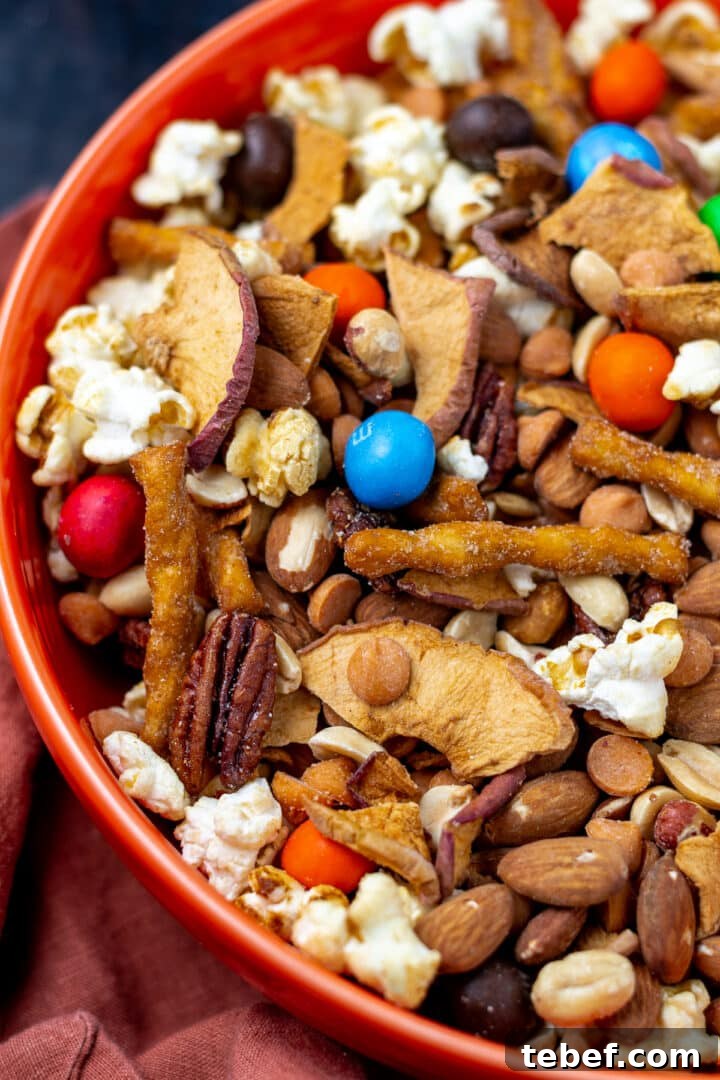 close up view of pretzels, caramel chips, apples, popcorn and m&ms
