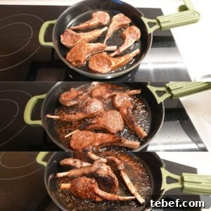 Garlic Herb Lamb Chops with Crispy Seared Edges 6 Lamb chops frying in a cast iron skillet.