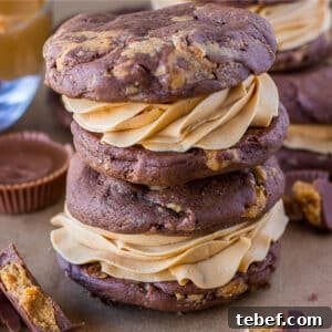 An up-close shot of two stacked chocolate peanut butter whoopie pies on the counter with crumbled peanut butter cups.