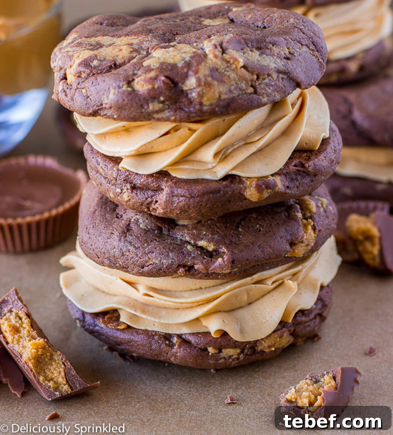 An up-close shot of two stacked chocolate peanut butter whoopie pies on the counter with crumbled peanut butter cups.