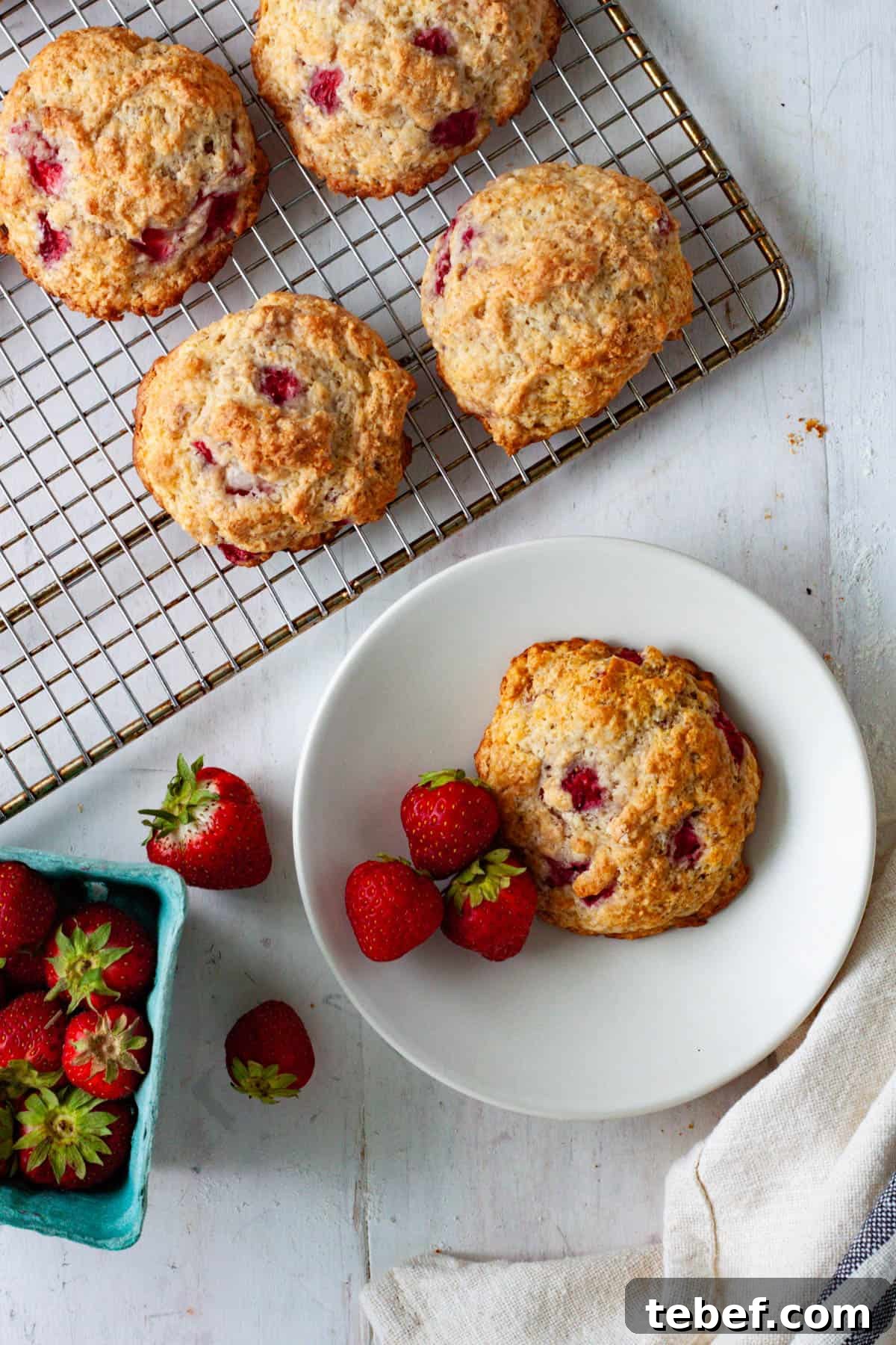 A strawberry biscuit on a small plate with more strawberry biscuits on a cooling rack.
