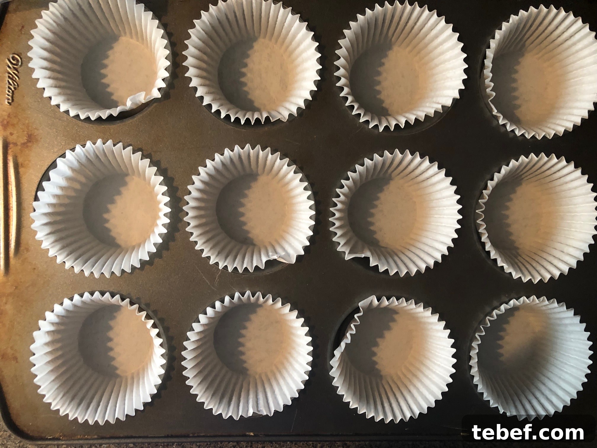 Muffin tin lined with empty paper muffin cups