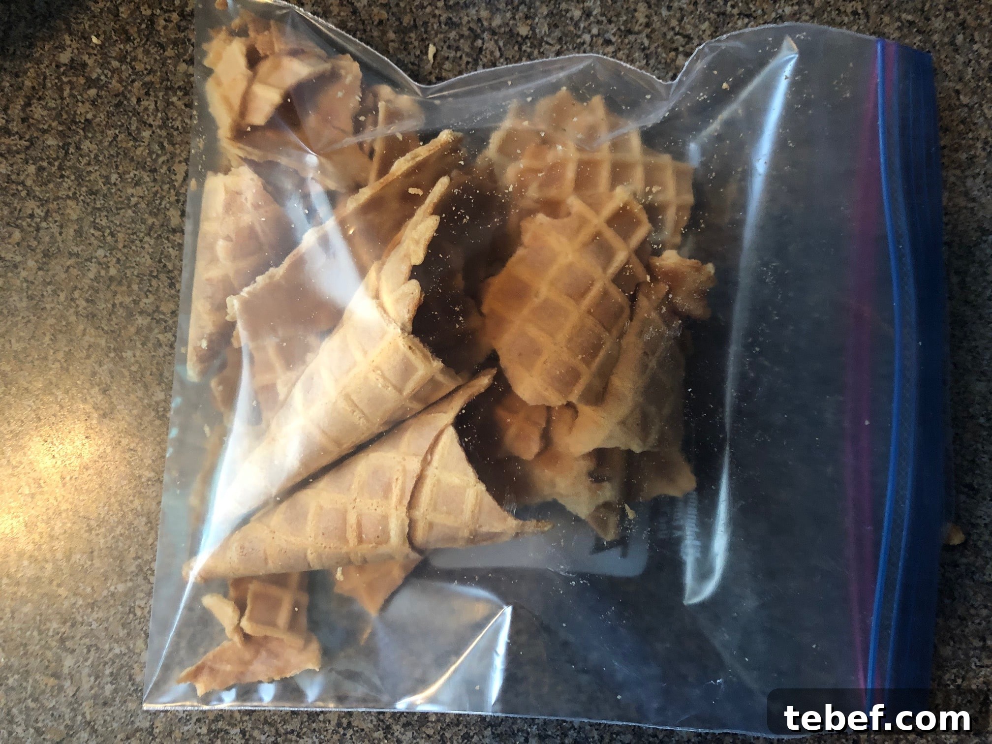 Waffle cones in ziplock bag, ready to be crushed