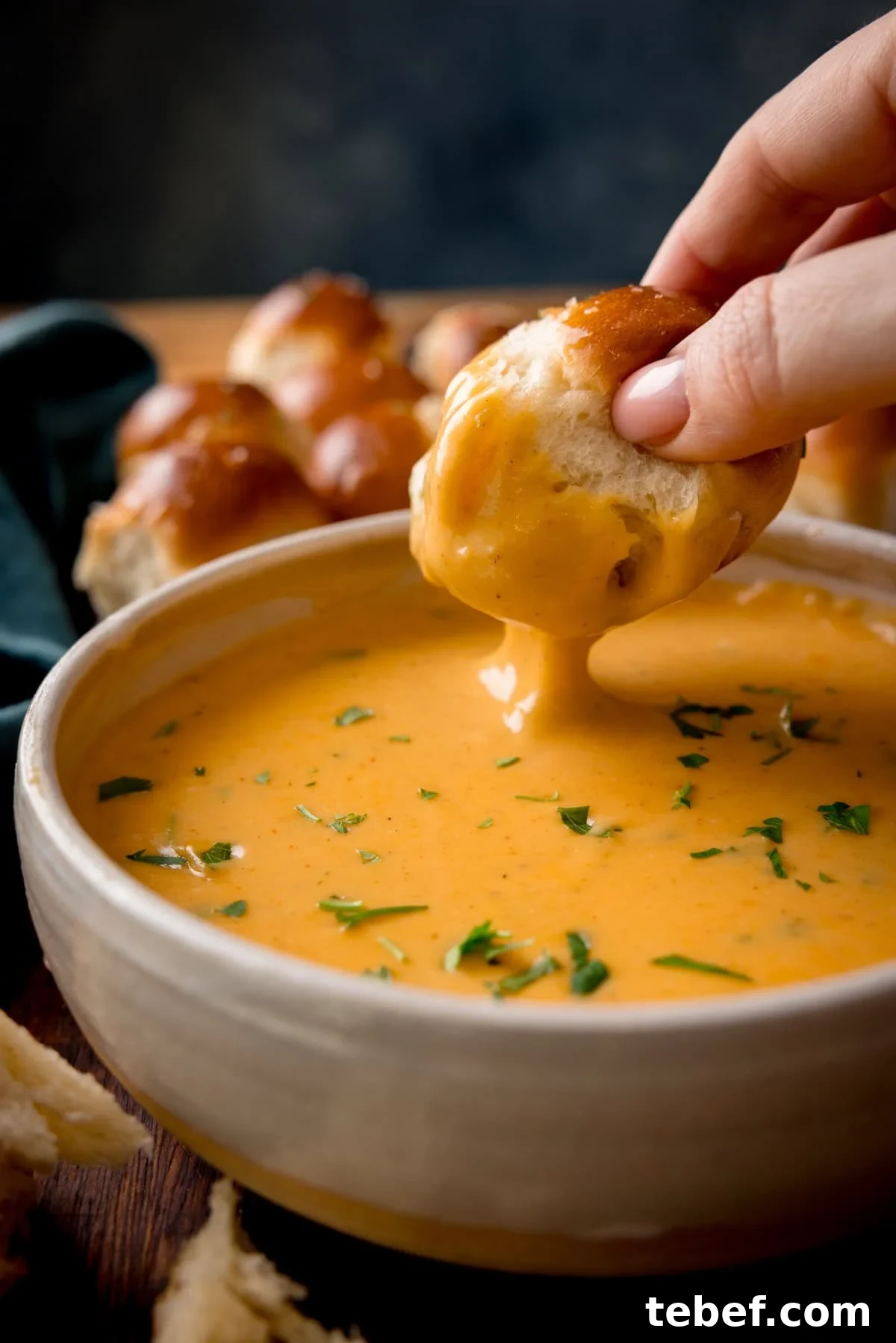 Creamy Beer Cheese Dip Recipe for Game Day and Parties 2 A hand dips bread into a bowl of creamy, orange beer cheese dip, garnished with chopped herbs. Dough balls are in the background on a wooden surface.