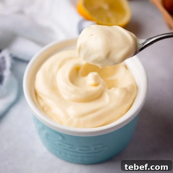Creamy Beer Cheese Dip Recipe for Game Day and Parties 8 Small ramekin filled with homemade mayonnaise with a spoonful being lifted.