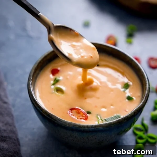 Creamy Beer Cheese Dip Recipe for Game Day and Parties 10 Spoonful of bang bang sauce being lifted from a bowl.