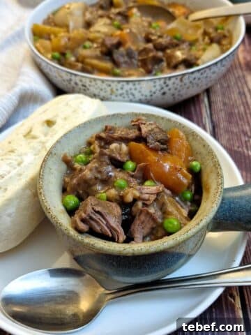 A dish of beef stew in a soup bowl on a white plate with a crusty breadroll.