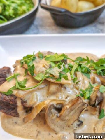 Close up of a piece of flat iron steak on a plate, covered with mushroom and onion sauce.