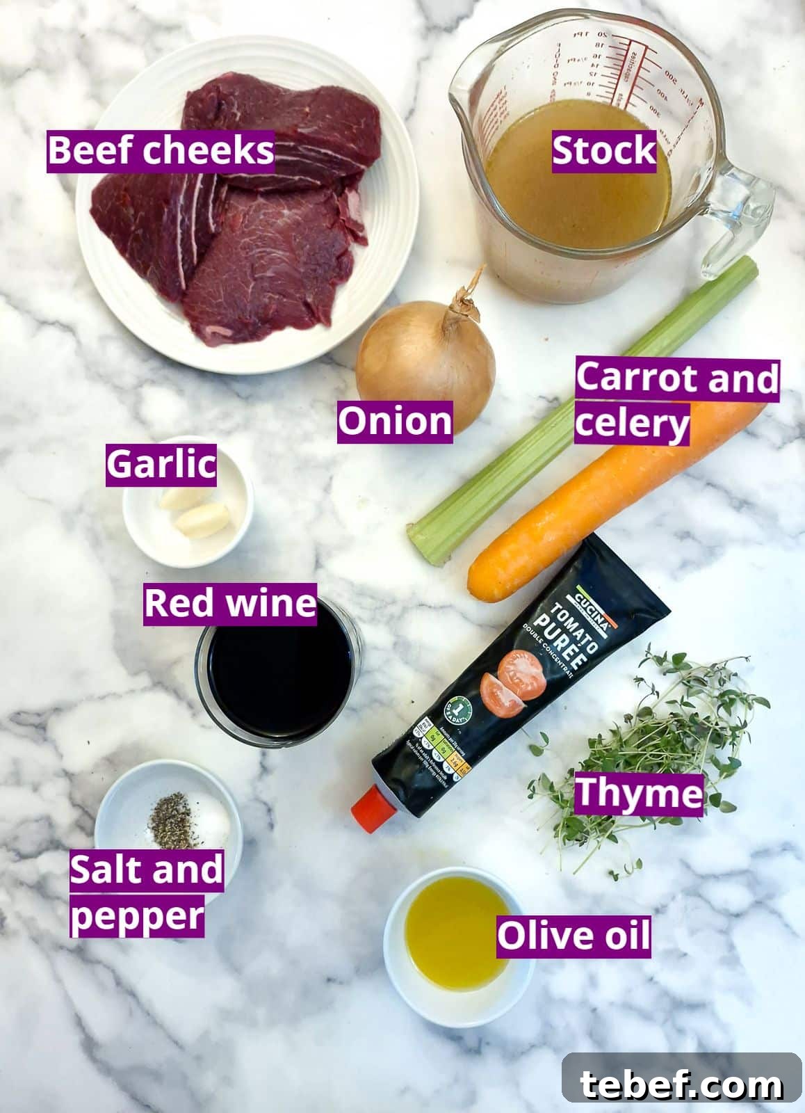 Melt-in-Your-Mouth Slow-Braised Beef Cheeks Recipe 4 Ingredients for making slow-braised beef cheeks.
