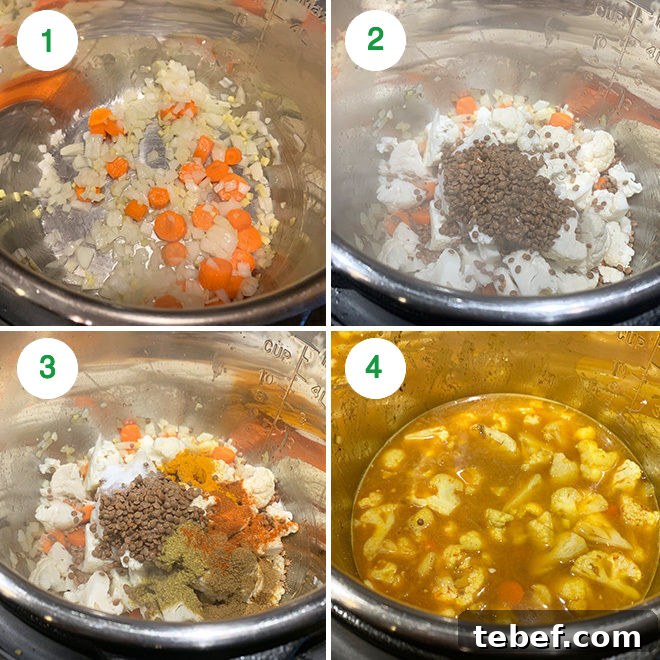 step by step pictures in a collage depicting how to make cauliflower lentil soup in instant pot