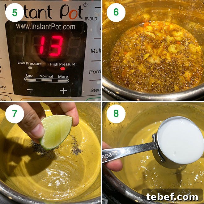 step by step pictures in a collage depicting how to make cauliflower lentil soup in instant pot