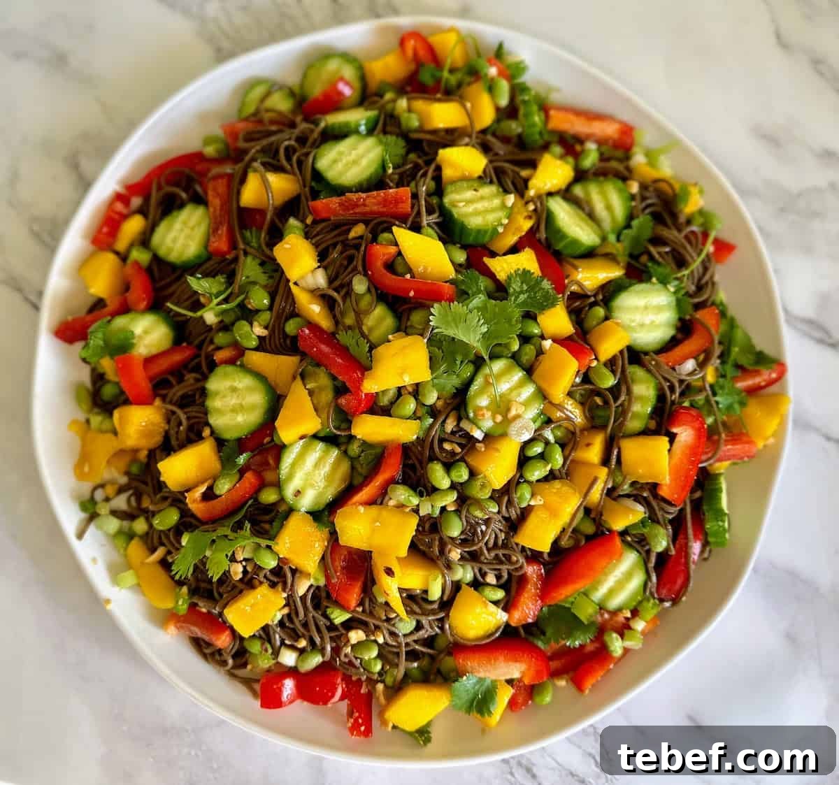 Thai noodle salad recipe on a platter on the table. 