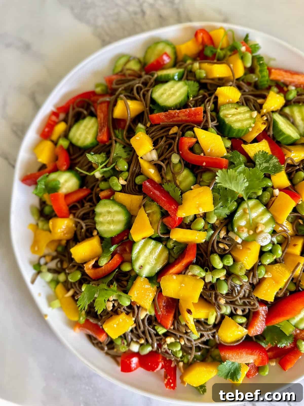 Thai noodle salad recipe on platter on  the table. 