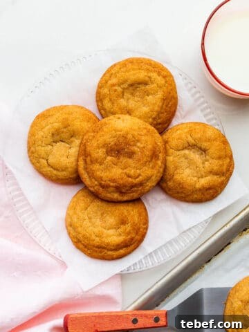 A plate of freshly-baked homemade snickerdoodles transferred from the cookie sheet with a spatula.