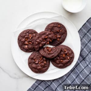 Double Chocolate Chip Cookie Recipe for Rich, Chewy Cookies 14 A plate of chocolate chocolate chip cookies with a glass of milk.
