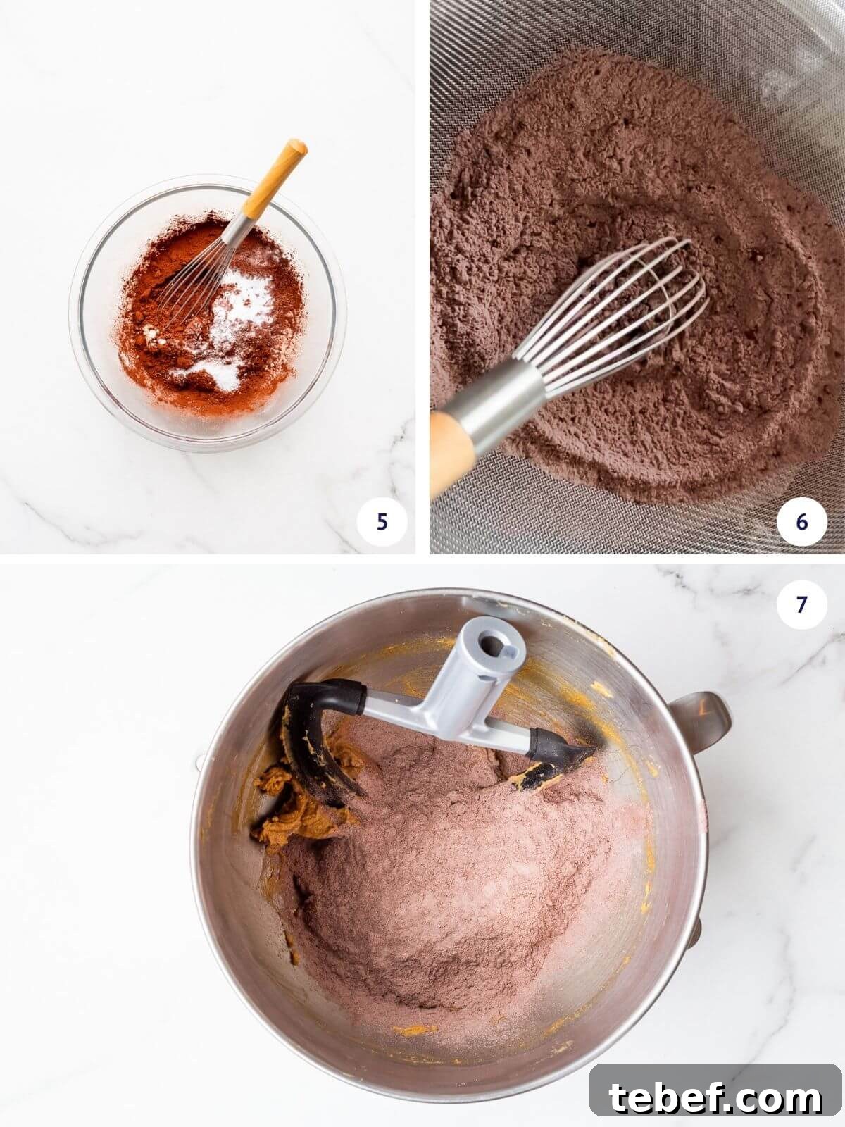 Double Chocolate Chip Cookie Recipe for Rich, Chewy Cookies 5 Whisking dry ingredients, including cocoa powder, to add to mixer to make chocolate cookies.