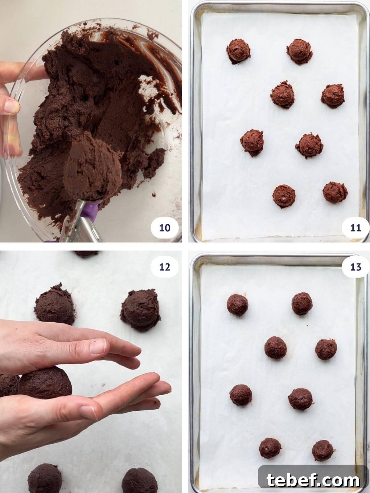 Double Chocolate Chip Cookie Recipe for Rich, Chewy Cookies 7 Portioning out chocolate cookie dough with a scoop and smoothing them between the palms of hands before baking them on a sheet pan.