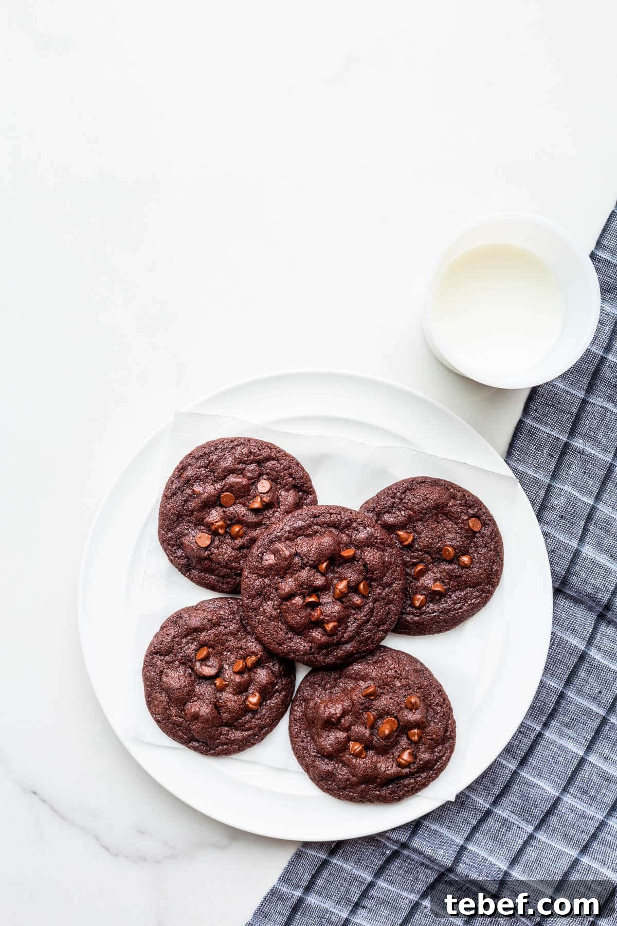 Double Chocolate Chip Cookie Recipe for Rich, Chewy Cookies 9 A plate of double chocolate chip cookies with a glass of milk.