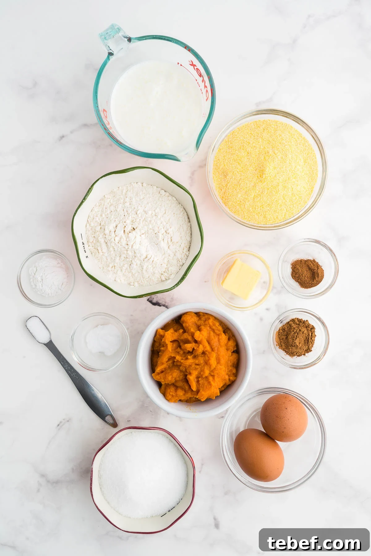 Moist Pumpkin Cornbread Recipe for Fall Baking 3 overhead shot of recipe ingredients