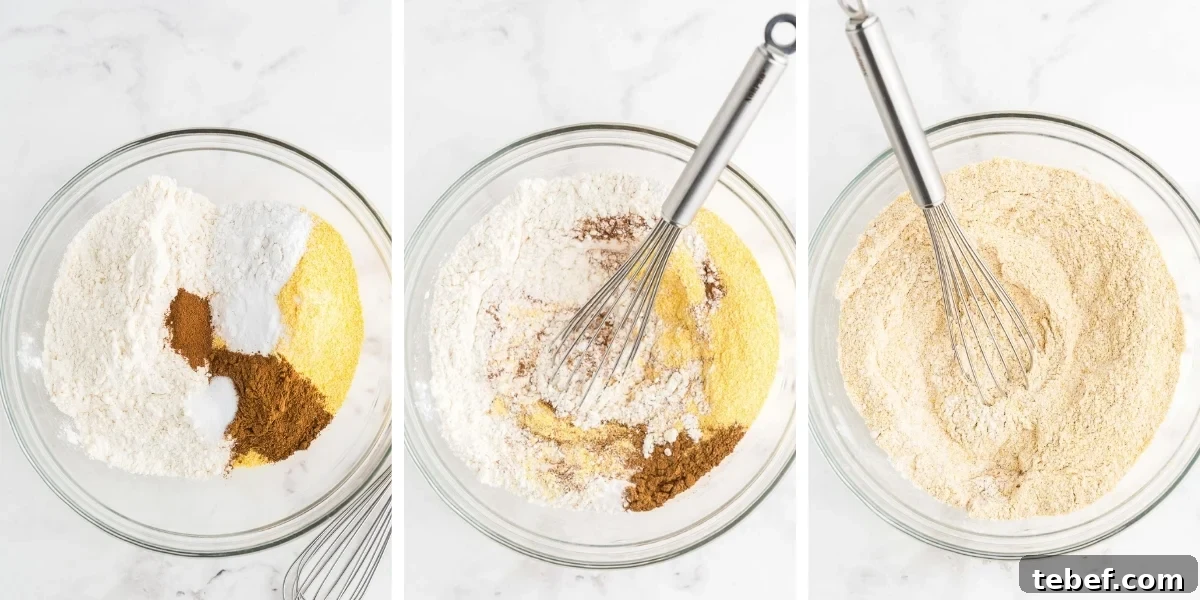 Moist Pumpkin Cornbread Recipe for Fall Baking 4 illustrative montage with dry ingredients