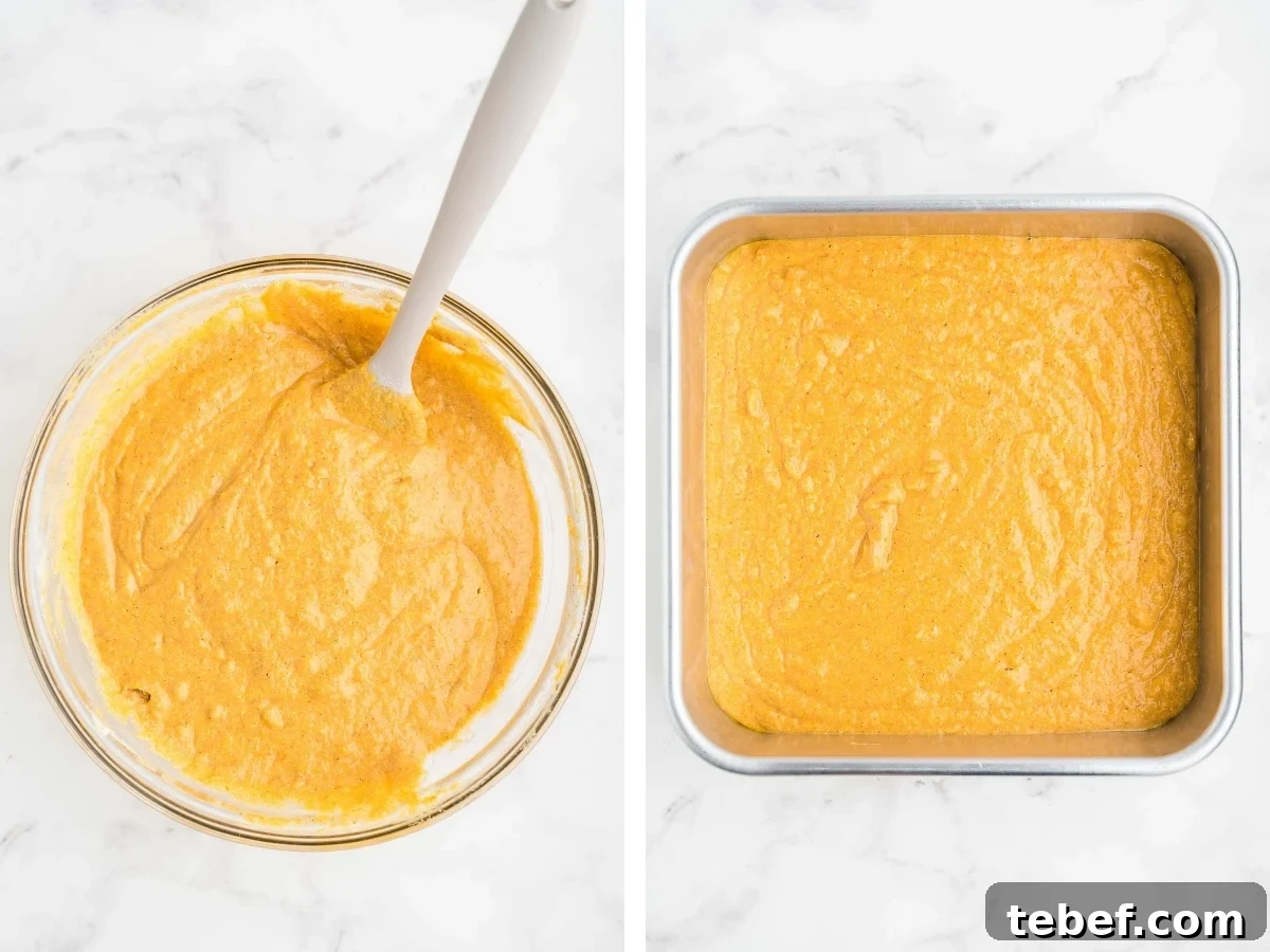 Moist Pumpkin Cornbread Recipe for Fall Baking 6 pumpkin cornbread batter in a bowl and pan