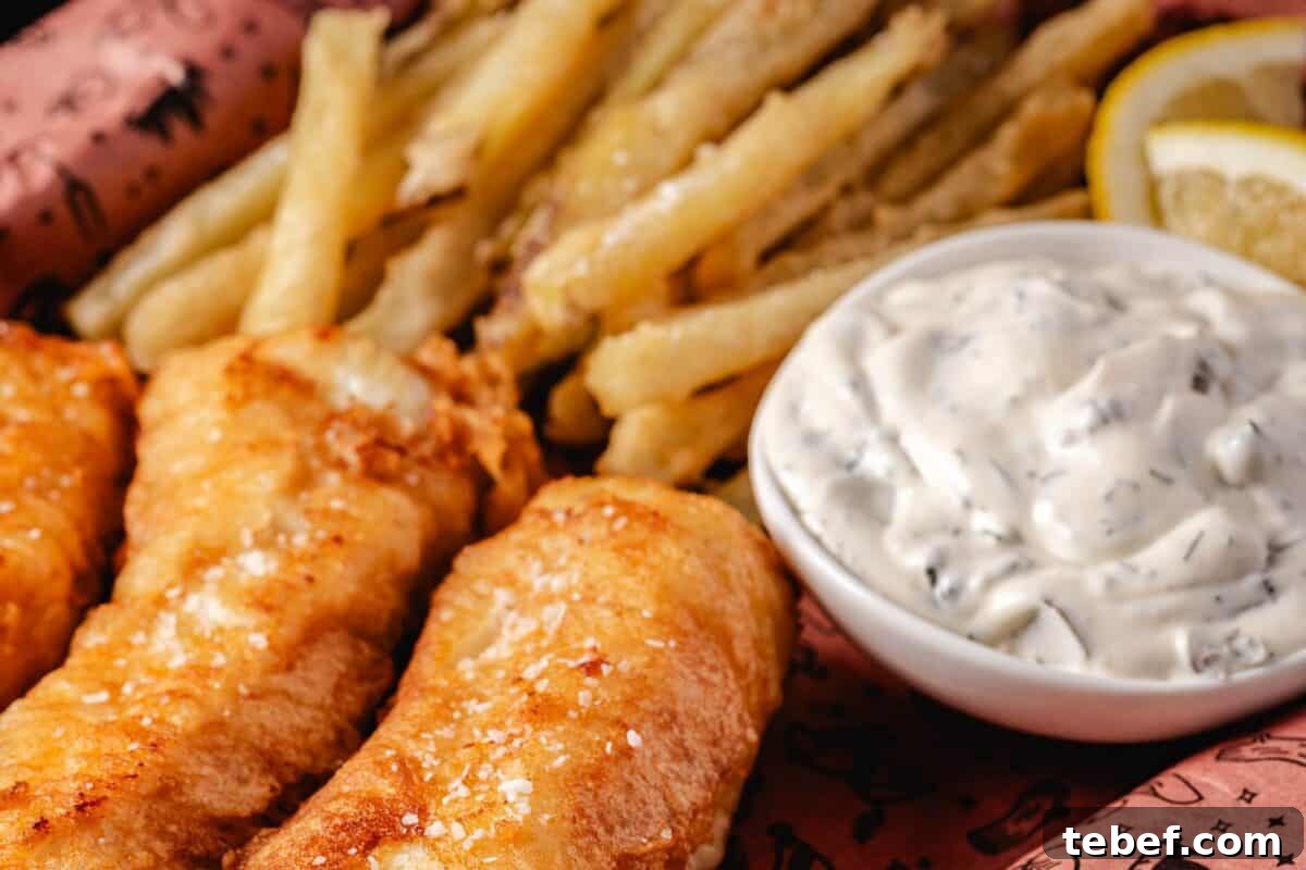Creamy Dill Tartar Sauce Recipe for Seafood & Sandwiches 4 Fish and French fries next to a bowl of dip.