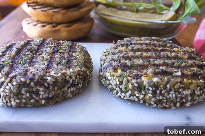 Juicy Grilled Portobello Mushroom Burger Recipe 8 The grilled burgers up close: roll the edges in sesame and hemp seeds for fiber and flavor