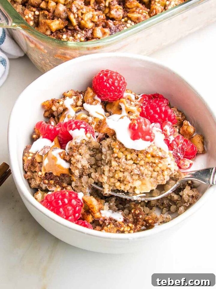 Baked quinoa scooped into a bowl, topped with yoghurt and berries.