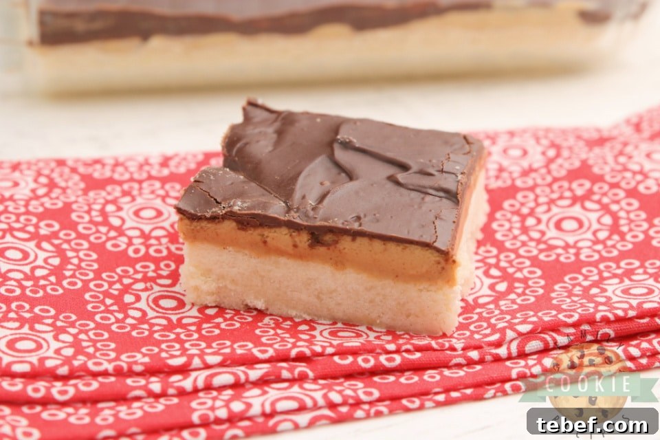 Tagalong Cookie Bars Recipe: Peanut Butter Chocolate Shortbread Bars 2 Tagalong Cookie Bars made with a shortbread cookie crust with a peanut butter layer with chocolate on top.