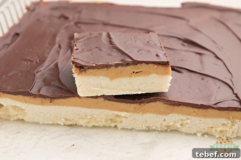 Tagalong Cookie Bars Recipe: Peanut Butter Chocolate Shortbread Bars 3 Cookie bars with a shortbread crust, a peanut layer and chocolate on top
