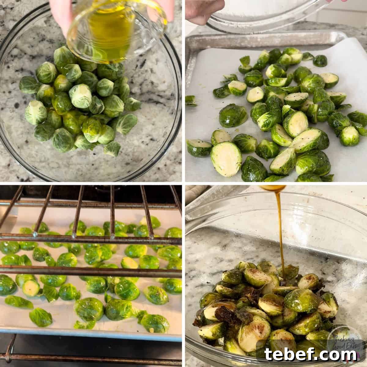 Maple Balsamic Glazed Brussels Sprouts — Air Fryer or Oven 4 images of making maple balsamic brussels sprouts