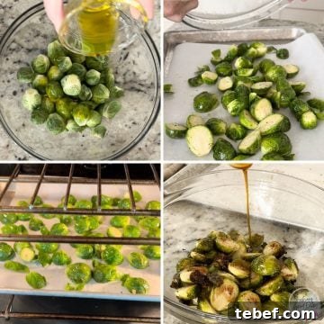 Maple Balsamic Glazed Brussels Sprouts — Air Fryer or Oven 6 images of making maple balsamic brussels sprouts
