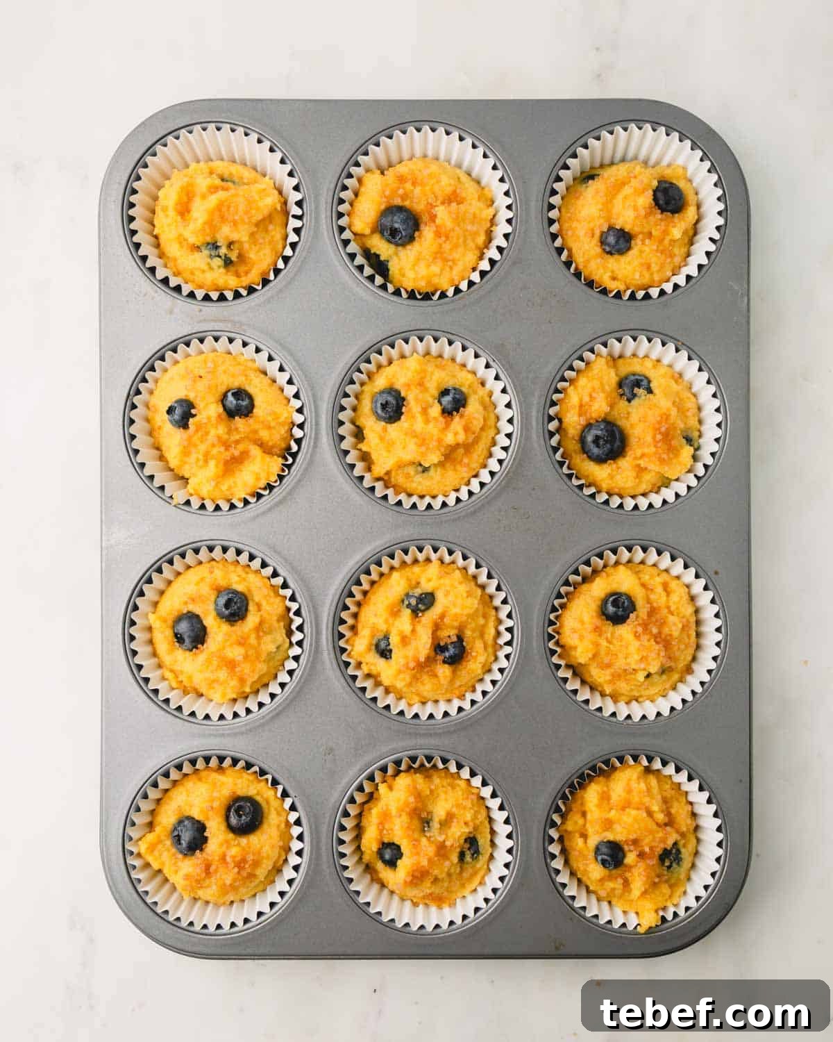 Almond Flour Blueberry Muffins Recipe — Moist Low-Carb Muffins 11 Twelve unbaked almond flour blueberry muffins in a muffin pan.