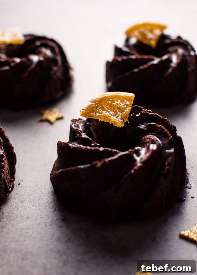 Mini Chocolate Bundt Cakes with Candied Orange Slices Recipe 3 close-up of a mini chocolate bundt cake