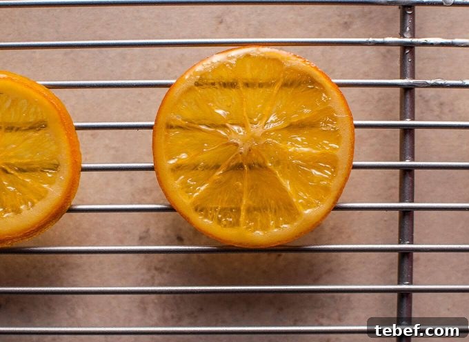 Mini Chocolate Bundt Cakes with Candied Orange Slices Recipe 8 close-up of a candied orange slice on a wire rack