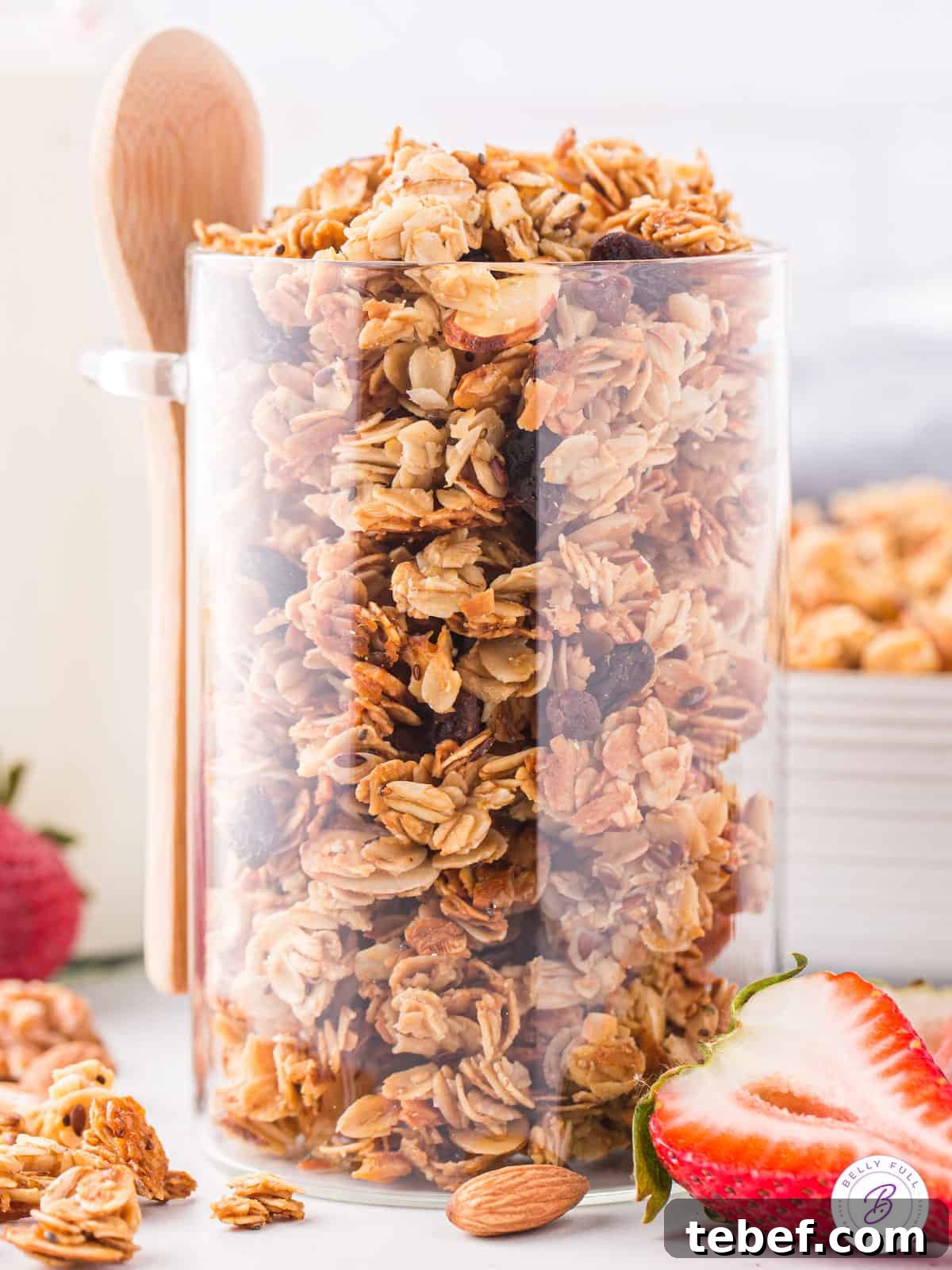 Homemade granola in a large glass jar