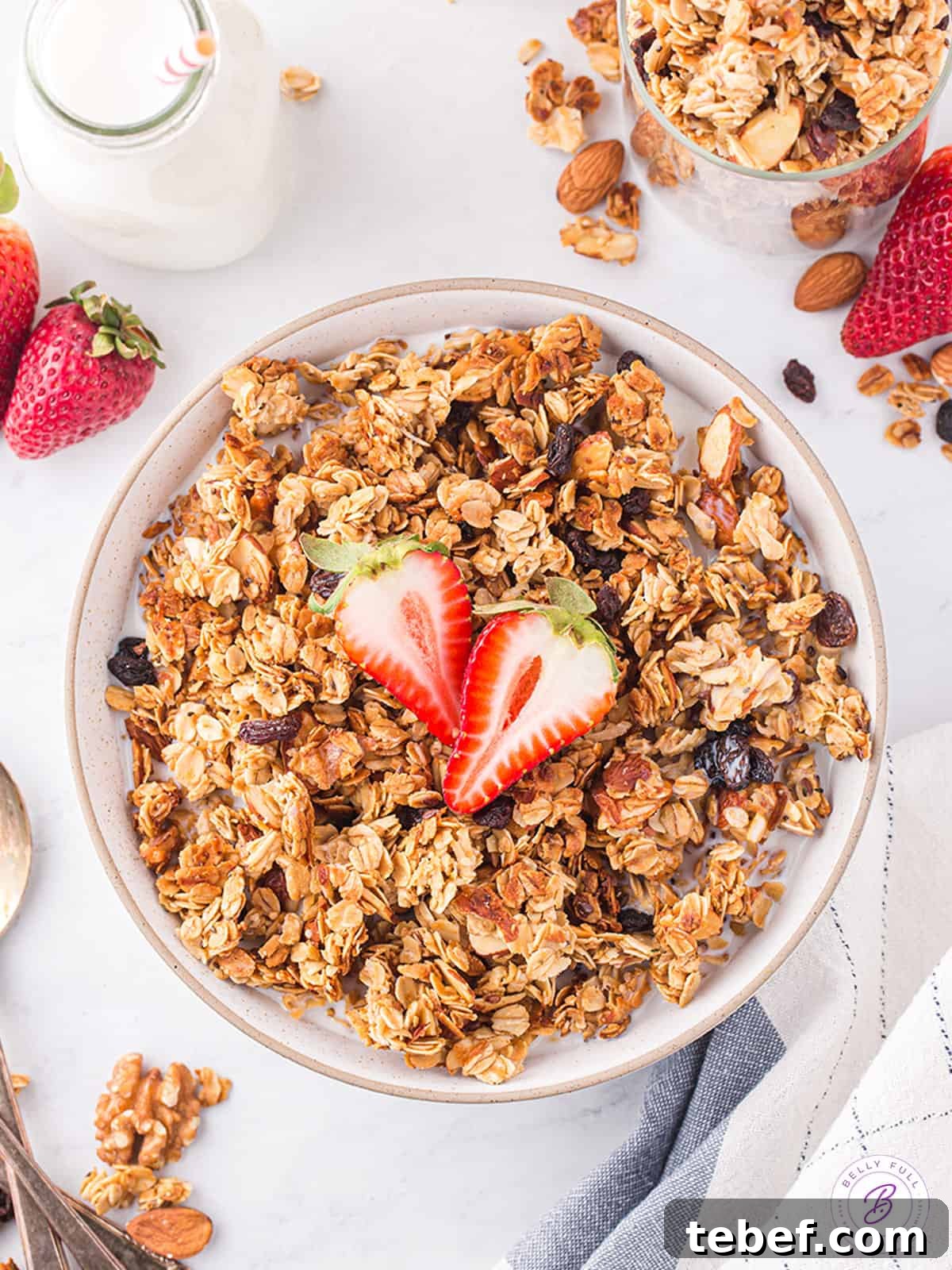 A bowl of homemade granola topped with strawberries