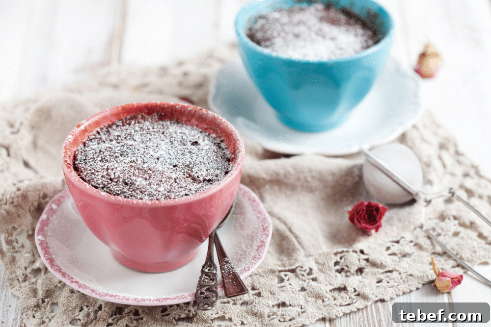 Keto Mug Cake Featured Image two chocolate mug cakes in blue and pink mugs