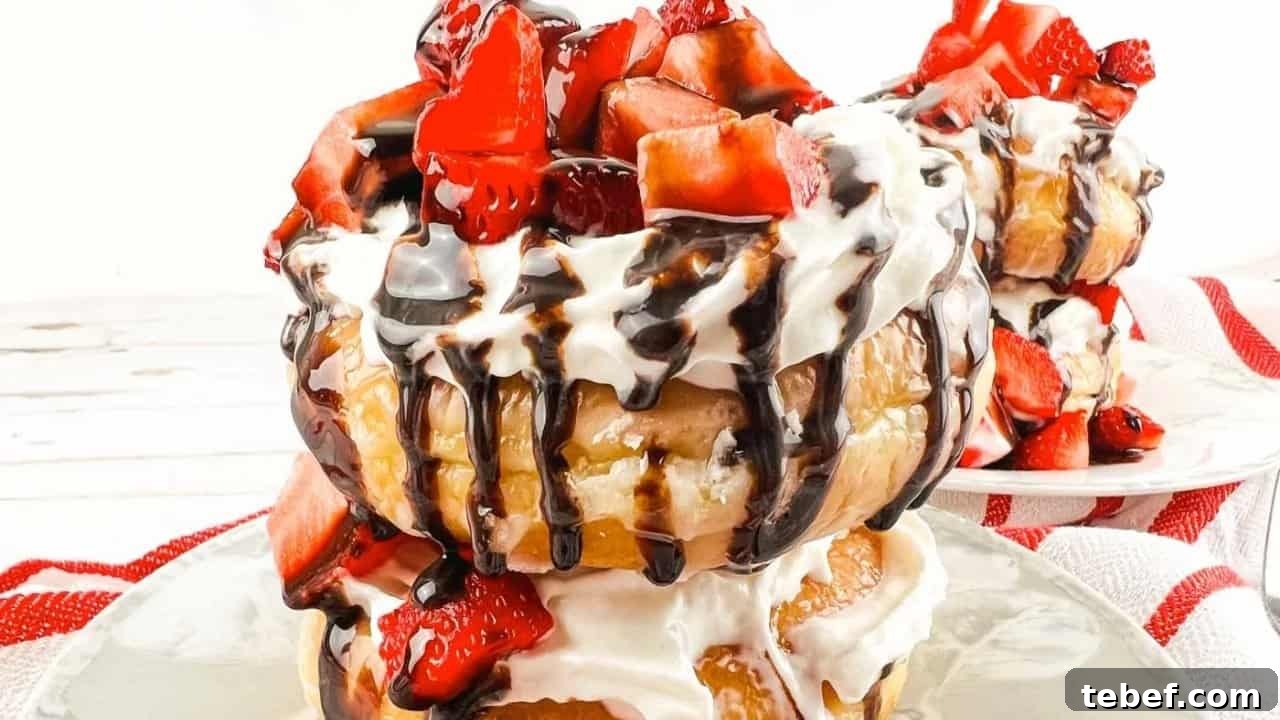 20 Holiday Cakes That Will Steal the Dessert Spotlight 2 Stacked donuts topped with whipped cream, sliced strawberries, and chocolate syrup, served on a white plate with a red-striped napkin in the background.