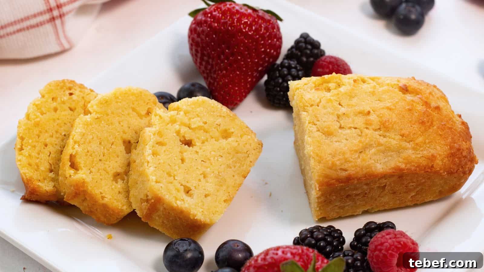 20 Holiday Cakes That Will Steal the Dessert Spotlight 3 Mini pound cake loaf on square plate sliced with berries.
