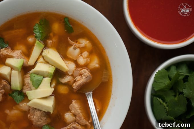 New Mexican Posole Recipe: Authentic Red Chile Posolé 3 Authentic posole recipe topped with avocado