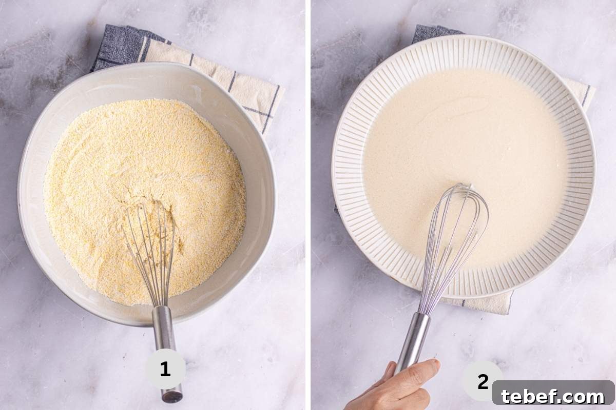 Moist Eggless Cornbread Recipe Without Eggs 5 Whisking the dry ingredients and the wet ingredient in separate bowls.
