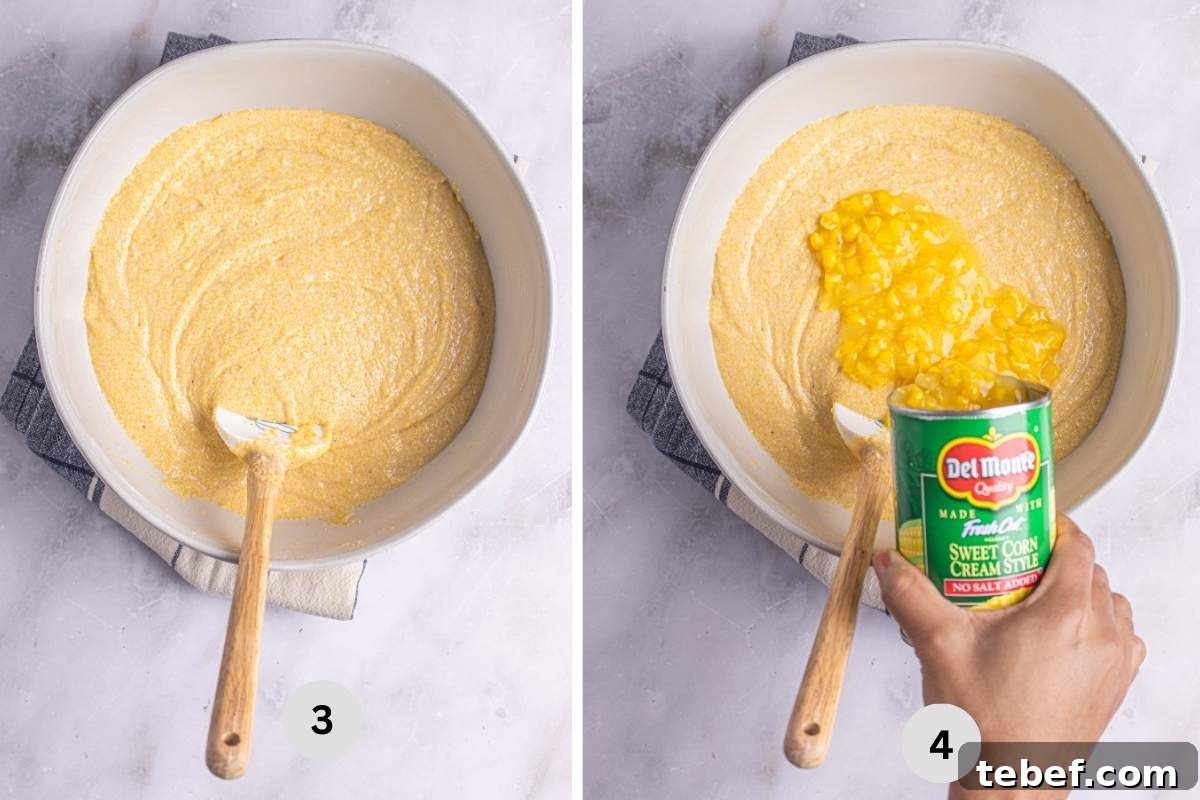 Moist Eggless Cornbread Recipe Without Eggs 6 Combining canned cream corn into the batter.
