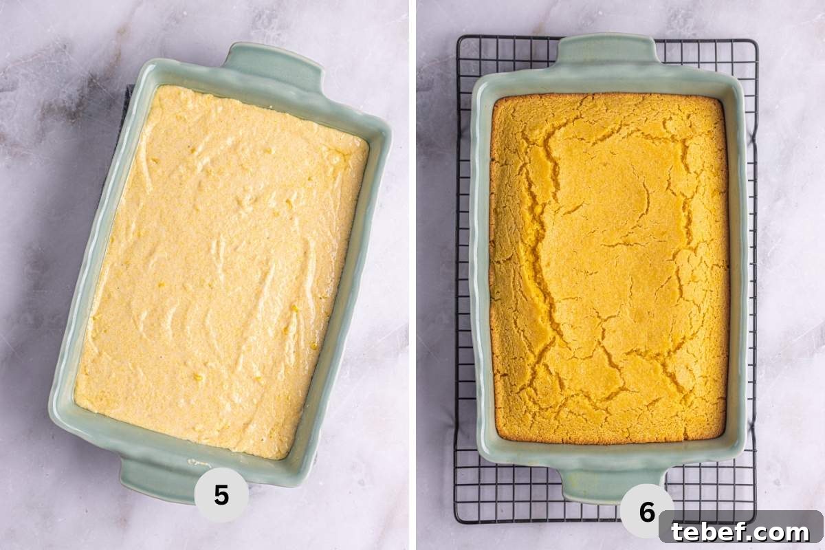 Moist Eggless Cornbread Recipe Without Eggs 7 Cornbread batter poured into the baking dish and a finished look of the baked recipe.