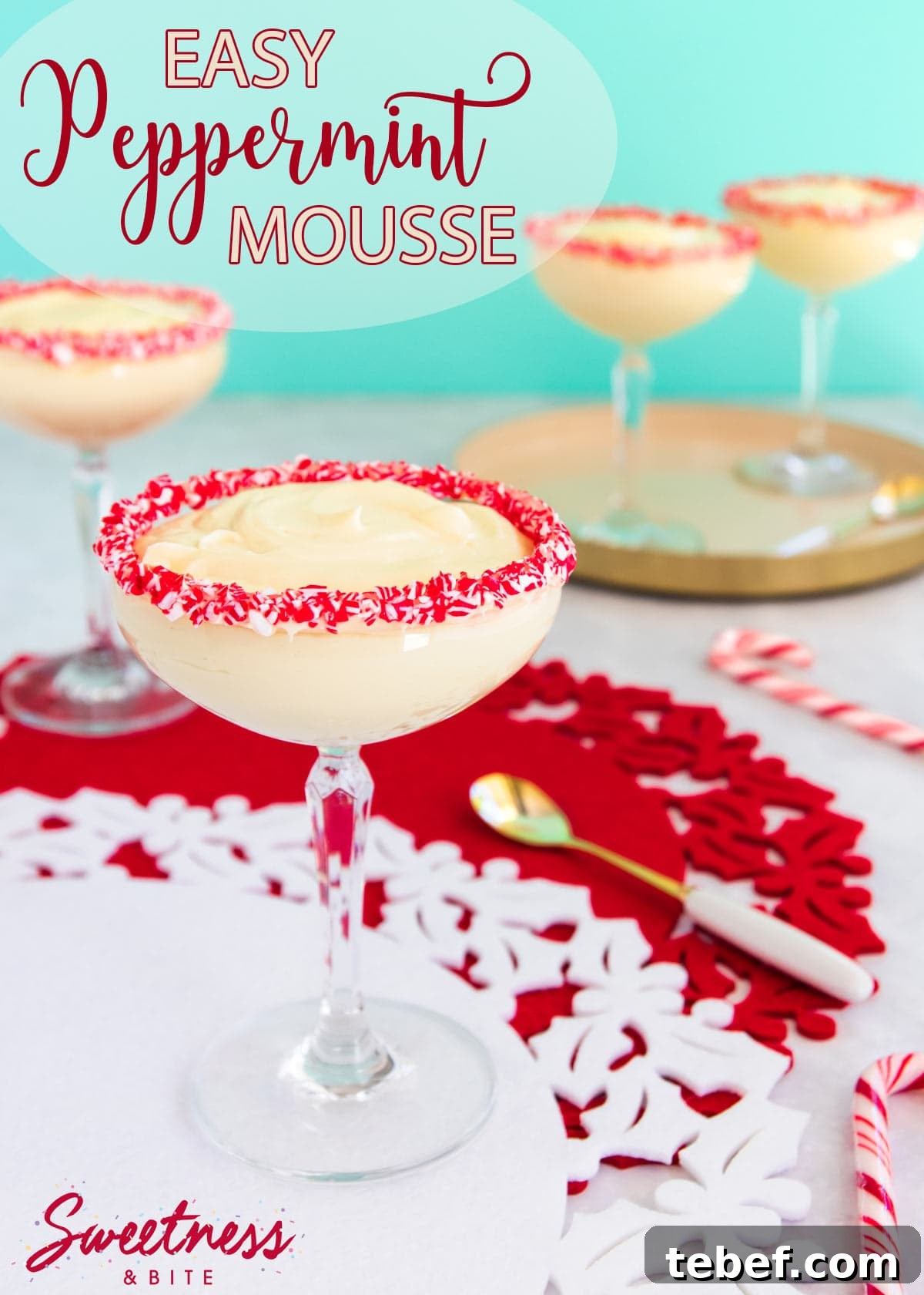 Creamy Peppermint Mousse Recipe for Festive Desserts 2 Easy peppermint mousse served in a cocktail glass, with crushed candy canes around the rim of the glass.